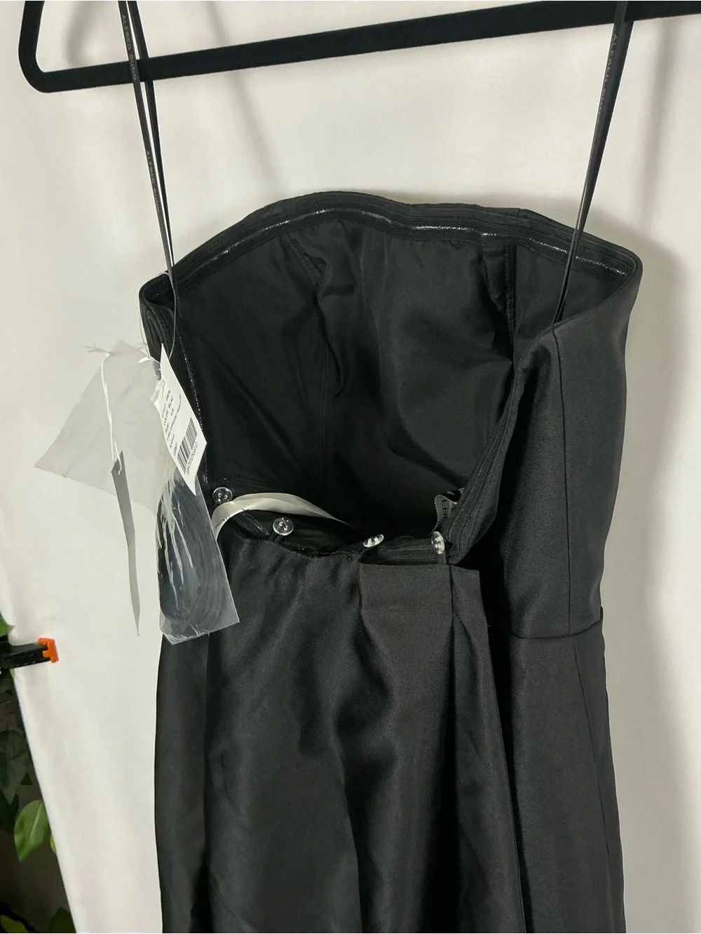 ALFRED SUNG Strapless Black Satin Column Gown with Removable Train - Picture 4 of 7